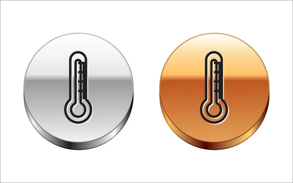 Zwarte lijn thermometer pictogram geïsoleerd op witte achtergrond. Zilveren-gouden cirkel knop. Vector Illustratie — Stockvector