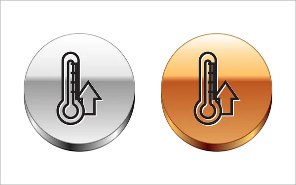 Zwarte lijn thermometer pictogram geïsoleerd op witte achtergrond. Zilveren-gouden cirkel knop. Vector Illustratie — Stockvector