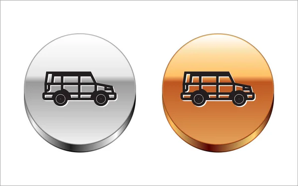 Schwarze Linie Offroad-Auto-Symbol isoliert auf weißem Hintergrund. Jeep-Schild. Silber-Gold-Kreis-Knopf. Vektorillustration — Stockvektor