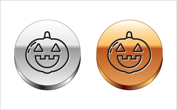 Zwarte lijn Pompoen pictogram geïsoleerd op witte achtergrond. Gelukkig Halloween feest. Zilveren-gouden cirkel knop. Vector Illustratie — Stockvector
