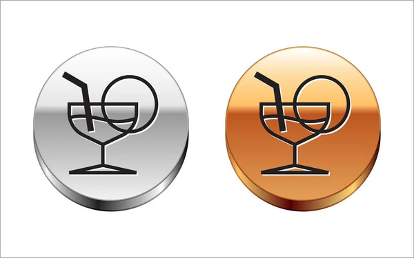 Schwarze Linie martini Glas Symbol isoliert auf weißem Hintergrund. Cocktail-Symbol. Weinglas-Ikone. Silber-Gold-Kreis-Knopf. Vektorillustration — Stockvektor