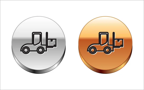 Ligne noire icône chariot élévateur isolé sur fond blanc. Chargeur à fourche et boîte en carton. Livraison de fret, expédition, transport. Bouton rond argent-or. Illustration vectorielle — Image vectorielle