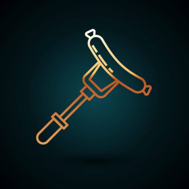 Çatal ikonundaki altın çizgili sosis koyu mavi arka planda izole edilmiş. Izgara sosis ve aroma işareti. Vektör İllüstrasyonu