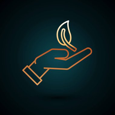 Çevre koruma ikonunun elindeki altın renkli filizlenme koyu mavi arka planda izole edilmiş. Tohum ve tohum. Fidan dikiyorum. Ekoloji konsepti. Vektör İllüstrasyonu