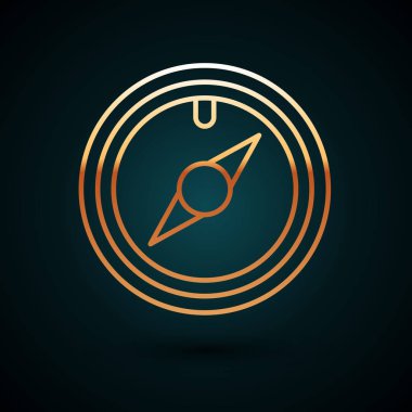 Altın çizgili Rüzgar gül ikonu koyu mavi arka planda izole. Seyahat için pusula simgesi. Navigasyon tasarımı. Vektör İllüstrasyonu