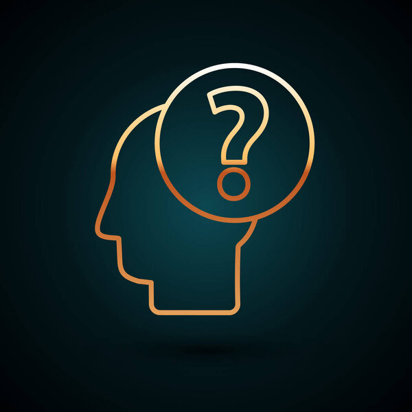 Gold line Human head with question mark icon isolated on dark blue background. Vector Illustration