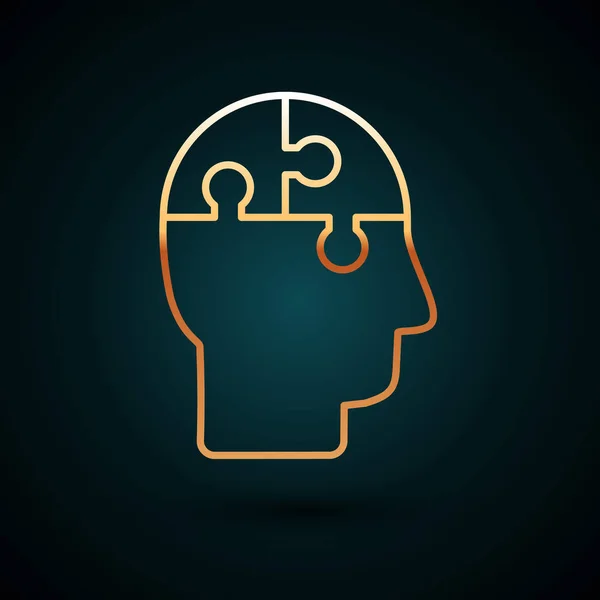 Linha de ouro Ícone de estratégia de quebra-cabeças de cabeça humana isolado no fundo azul escuro. A pensar no sinal do cérebro. Trabalho simbólico do cérebro. Ilustração vetorial —  Vetores de Stock