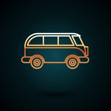 Altın çizgili Retro minivan simgesi koyu mavi arkaplanda izole edildi. Eski klasik seyahat minibüsü. Vektör İllüstrasyonu