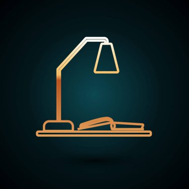 Masa lambası ve koyu mavi arka planda izole kitap ikonu olan altın çizgili işyeri. Ofis lambası. Vektör İllüstrasyonu