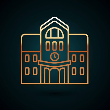 Altın çizgili okul binası simgesi koyu mavi arka planda izole edilmiş. Vektör İllüstrasyonu