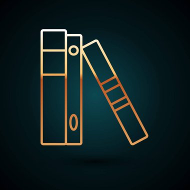 Koyu mavi arka planda izole edilmiş evrak ve belge simgelerini içeren altın satırlı ofis dosyaları. Ofis dosyaları. Dosya arşivleme işareti. Vektör İllüstrasyonu