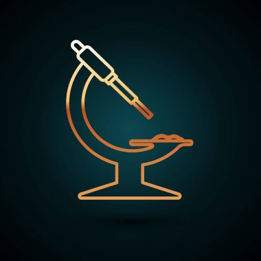 Altın çizgili mikroskop simgesi koyu mavi arkaplanda izole edilmiş. Kimya, ilaç aleti, mikrobiyoloji büyütme aracı. Vektör İllüstrasyonu