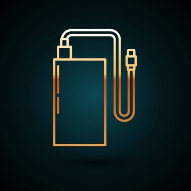 Koyu mavi arka planda izole edilmiş farklı şarj kablosu ikonu olan altın çizgili Power Bank. Taşınabilir şarj cihazı. Vektör İllüstrasyonu
