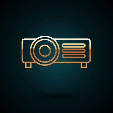 Altın çizgili sunum, film, film, medya projektör ikonu koyu mavi arka planda izole edildi. Vektör İllüstrasyonu