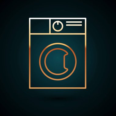 Altın çizgili çamaşır makinesi simgesi koyu mavi arkaplanda izole edilmiş. Çamaşır makinesi simgesi. Çamaşır makinesi, çamaşır makinesi. Ev aletleri sembolü. Vektör İllüstrasyonu