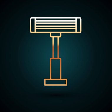 Altın çizgili elektrikli ısıtıcı ikonu koyu mavi arka planda izole edildi. Uzaktan kumandalı kızıl ötesi ısıtıcı. Klima kontrolü. Vektör İllüstrasyonu