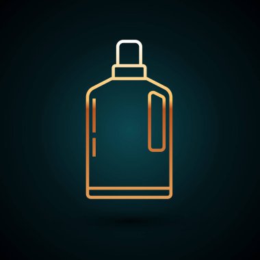 Altın çizgili plastik şişe sıvı çamaşır deterjanı, çamaşır suyu, bulaşık deterjanı ya da koyu mavi arka planda izole edilmiş başka bir temizlik maddesi. Vektör İllüstrasyonu