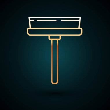 Koyu mavi arka planda izole edilmiş pencere simgesi için kauçuk temizleme servisiyle altın hat temizleme hizmeti. Silecek, kazıyıcı, silecek. Vektör İllüstrasyonu