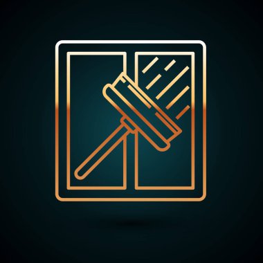 Koyu mavi arka planda izole edilmiş pencere simgesi için kauçuk temizleme servisiyle altın hat temizleme hizmeti. Silecek, kazıyıcı, silecek. Vektör İllüstrasyonu