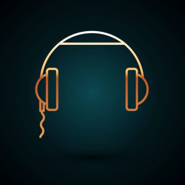 Altın çizgili kulaklık simgesi koyu mavi arkaplanda izole edilmiş. Kulaklık işareti. Müzik, hizmet, iletişim ve operatör konsepti. Vektör İllüstrasyonu