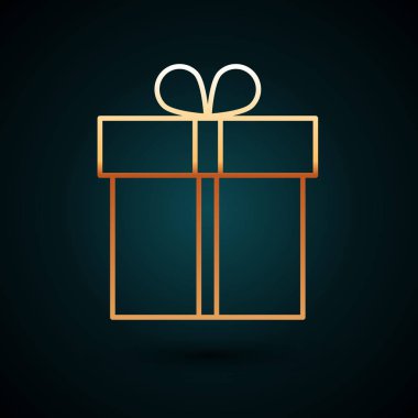 Altın çizgili hediye kutusu simgesi koyu mavi arkaplanda izole edilmiş. Vektör İllüstrasyonu