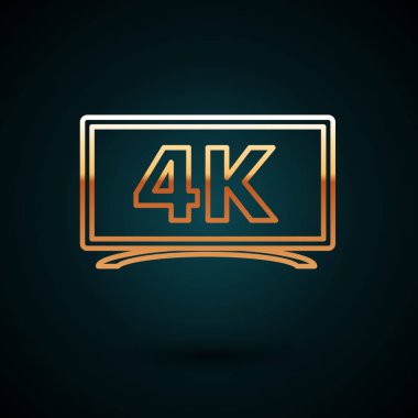 Koyu mavi arkaplanda 4k Ultra Hd video teknolojisi ikonu bulunan altın çizgili ekran televizyon. Vektör İllüstrasyonu