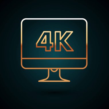 Koyu mavi arkaplanda 4k video teknolojisi ikonu bulunan altın çizgi bilgisayar monitörü. Vektör İllüstrasyonu
