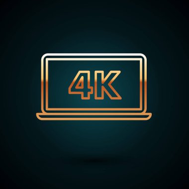 Koyu mavi arka planda 4k video teknolojisi ikonu olan altın çizgili dizüstü bilgisayar. Vektör İllüstrasyonu