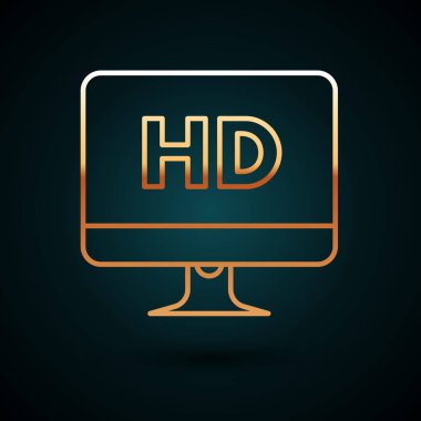 Koyu mavi arkaplanda Hd video teknolojisi ikonu olan altın çizgi bilgisayar monitörü görüntüsü. Vektör İllüstrasyonu