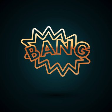 Altın çizgi Bang boom, silah çizgi roman konuşma balonu ikonu koyu mavi arkaplan izole. Vektör İllüstrasyonu