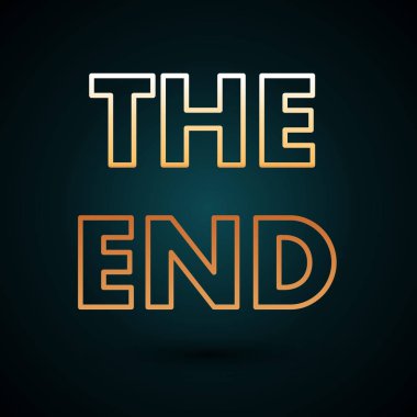 Altın satır The End el yazısı yazı simgesi koyu mavi arkaplanda izole edildi. Film karesi kapanıyor. Filmin sonu ekranı. Vektör İllüstrasyonu