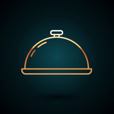Koyu mavi arka planda izole edilmiş bir tepsi yemek ikonu ile kaplanmış altın çizgisi. Tepsi ve kapak işareti. Kapaklı bir restoran saati. Mutfak eşyaları sembolü. Vektör İllüstrasyonu