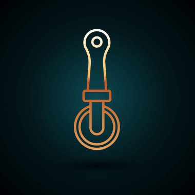 Altın çizgili pizza bıçağı ikonu koyu mavi arka planda izole edilmiş. Pizza kesme tabelası. Çelik mutfak gereçleri. Vektör İllüstrasyonu