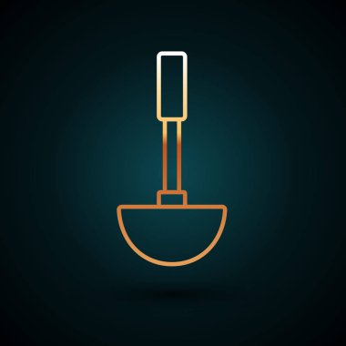 Altın çizgili mutfak kepçesi simgesi koyu mavi arkaplanda izole edilmiş. Mutfak aletleri. Çatal kaşık tabelası. Vektör İllüstrasyonu