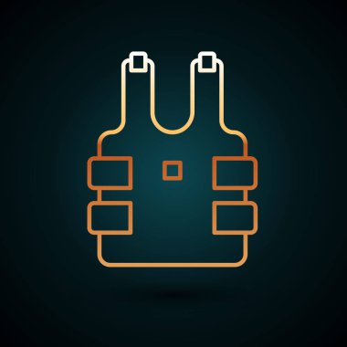 Altın çizgili kurşun geçirmez yelek koyu mavi arka planda izole edilmiş kurşun ikonundan korunmak için. Vücut zırhı işareti. Askeri kıyafetler. Vektör İllüstrasyonu