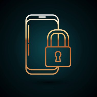 Koyu mavi arka planda izole edilmiş asma kilit simgesine sahip altın çizgili akıllı telefon. Kilitli telefon. Gezici güvenlik, güvenlik, koruma konsepti. Vektör İllüstrasyonu