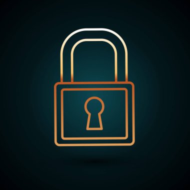 Altın çizgili kilit simgesi koyu mavi arkaplanda izole edildi. Asma kilit işareti. Güvenlik, güvenlik, koruma, gizlilik kavramı. Vektör İllüstrasyonu