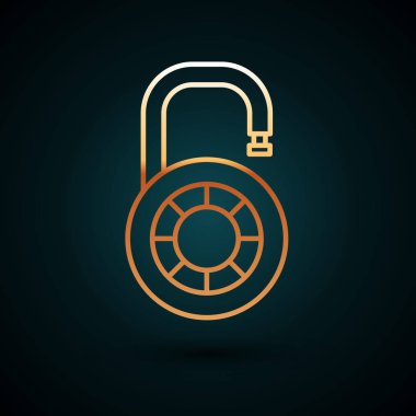 Altın çizgili kasa şifreli kilit tekeri simgesi koyu mavi arka planda izole edildi. Kombinasyon asma kilit. Güvenlik, güvenlik, koruma, şifre, gizlilik. Vektör İllüstrasyonu