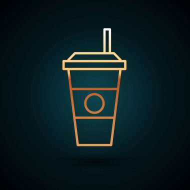 Altın çizgili kahve fincanı simgesi koyu mavi arkaplanda izole edilmiş. Tek kullanımlık kahve bardağı ve sıcak kahve. Vektör İllüstrasyonu