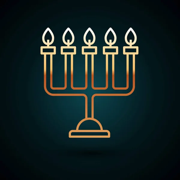 Złota linia Hanukkah menorah ikona izolowane na ciemnoniebieskim tle. Hanukkah tradycyjny symbol. Świąteczna religia, żydowski festiwal świateł. Ilustracja wektora — Wektor stockowy