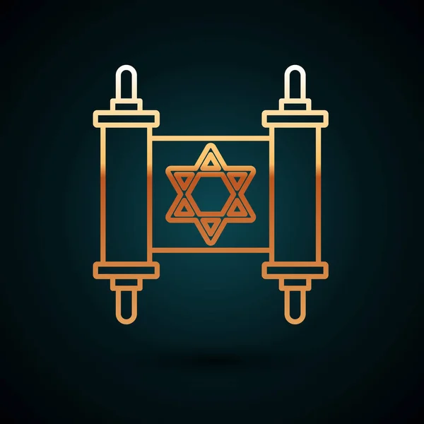 Gold line Torah scroll icon isolated on dark blue background. Jewish Torah in expanded form. Star of David symbol. Old parchment scroll. Vector Illustration — Stock Vector