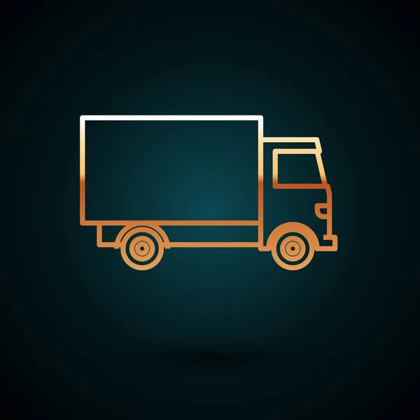 Goldene Linie Lieferung Lastkraftwagen-Symbol isoliert auf dunkelblauem Hintergrund. Vektorillustration — Stockvektor