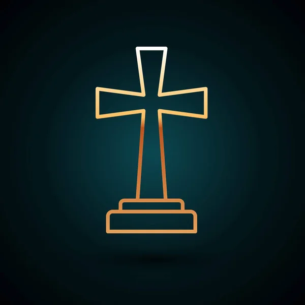 Gold line Tombstone with cross icon isolated on dark blue background. Grave icon. Vector Illustration — Stok Vektör