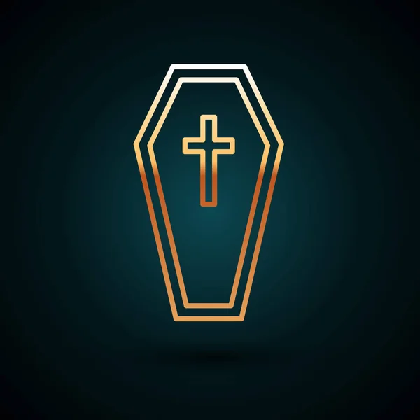 Caixão linha de ouro com ícone cruz cristã isolado no fundo azul escuro. Feliz festa de Halloween. Ilustração vetorial — Vetor de Stock