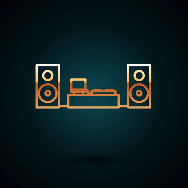 Línea dorada Estéreo casero con el icono de dos altavoces aislado sobre fondo azul oscuro. Sistema de música. Ilustración vectorial — Vector de stock