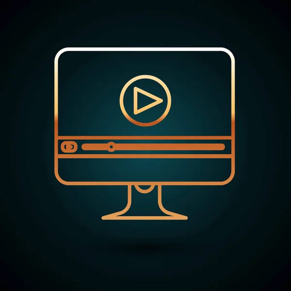 Línea de oro Icono de vídeo de juego en línea aislado sobre fondo azul oscuro. Monitor de computadora y tira de película con señal de juego. Ilustración vectorial — Archivo Imágenes Vectoriales