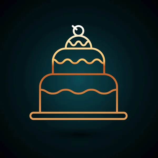 Línea dorada Icono de pastel aislado sobre fondo azul oscuro. Feliz Cumpleaños. Ilustración vectorial — Vector de stock