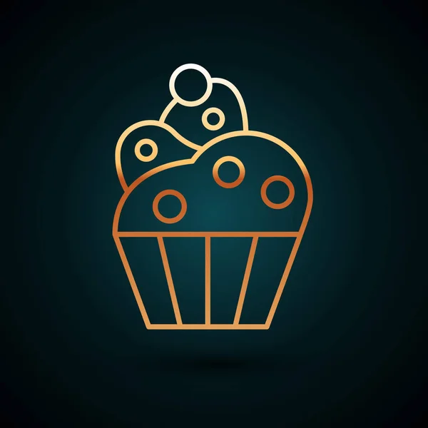 Ligne d'or icône Cupcake isolé sur fond bleu foncé. Illustration vectorielle — Image vectorielle