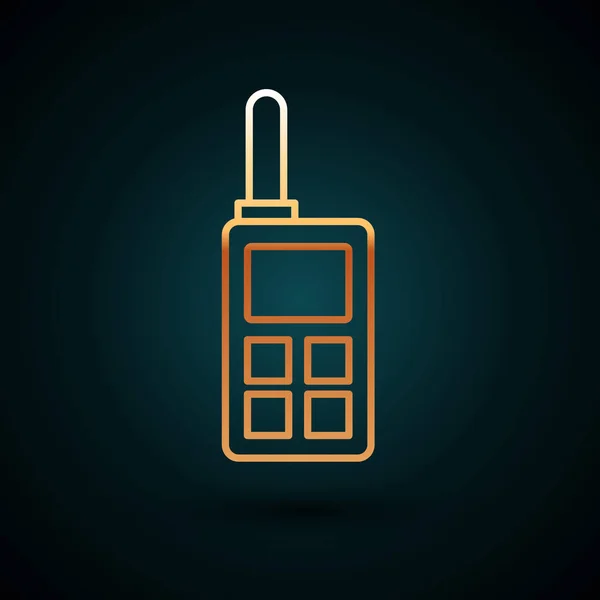 Línea dorada Walkie talkie icono aislado sobre fondo azul oscuro. Icono del transmisor de radio portátil. Señal del transceptor de radio. Ilustración vectorial — Archivo Imágenes Vectoriales