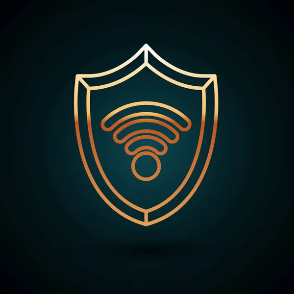 Gold Line Shield mit Wifi Wireless Internet Network Symbol isoliert auf dunkelblauem Hintergrund. Sicherheitskonzept. Vektorillustration — Stockvektor